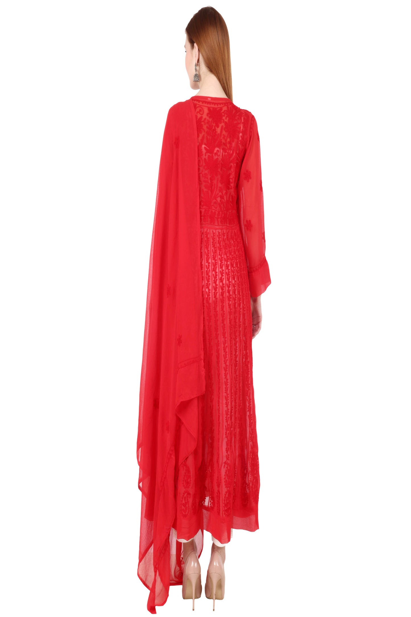 The Chikankari Story Women's Lucknowi Aari Embroidered Georgette Anarkali Kurta with Matching Dupatta - Traditional Lakhnavi Design in Red