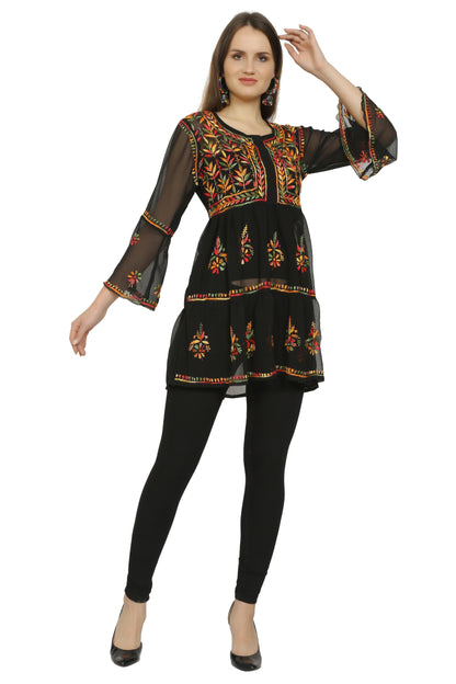 The Chikankari Story Women's Black Georgette Short Kurti with Chikankari Hand Embroidery - Lightweight, Elegant, and Versatile.