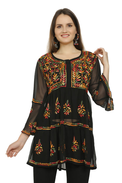 The Chikankari Story Women's Black Georgette Short Kurti with Chikankari Hand Embroidery - Lightweight, Elegant, and Versatile.