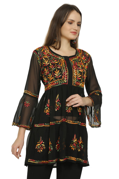 The Chikankari Story Women's Black Georgette Short Kurti with Chikankari Hand Embroidery - Lightweight, Elegant, and Versatile.