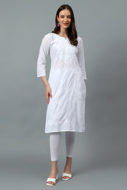 The chikankari story Pure Cotton Kurti for Women - Fine Chikan Kari Machine Embroidery in Ombre Shades of Purple, White, Yellow, Pink, and Blue.