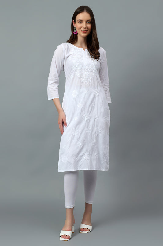 The Chikankari Story Pure Cotton Kurti for Women - Fine Chikan Kari Machine Embroidery in Ombre Shades of Purple, White, Yellow, Pink, and Blue.