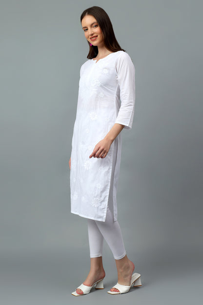 The chikankari story Pure Cotton Kurti for Women - Fine Chikan Kari Machine Embroidery in Ombre Shades of Purple, White, Yellow, Pink, and Blue.