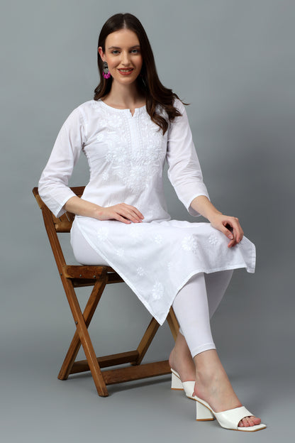 The chikankari story Pure Cotton Kurti for Women - Fine Chikan Kari Machine Embroidery in Ombre Shades of Purple, White, Yellow, Pink, and Blue.