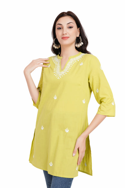 The Chikankari Story Yellow Chikankari Hand Embroidery Short Cotton Kurti for Women - Mughalayi Motif, Lakhnavi Heritage, Top-Selling Style