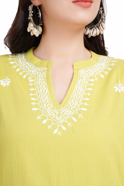 The Chikankari Story Yellow Chikankari Hand Embroidery Short Cotton Kurti for Women - Mughalayi Motif, Lakhnavi Heritage, Top-Selling Style