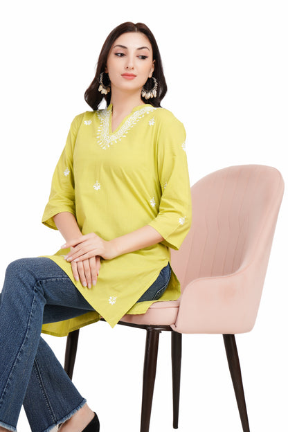 The Chikankari Story Yellow Chikankari Hand Embroidery Short Cotton Kurti for Women - Mughalayi Motif, Lakhnavi Heritage, Top-Selling Style