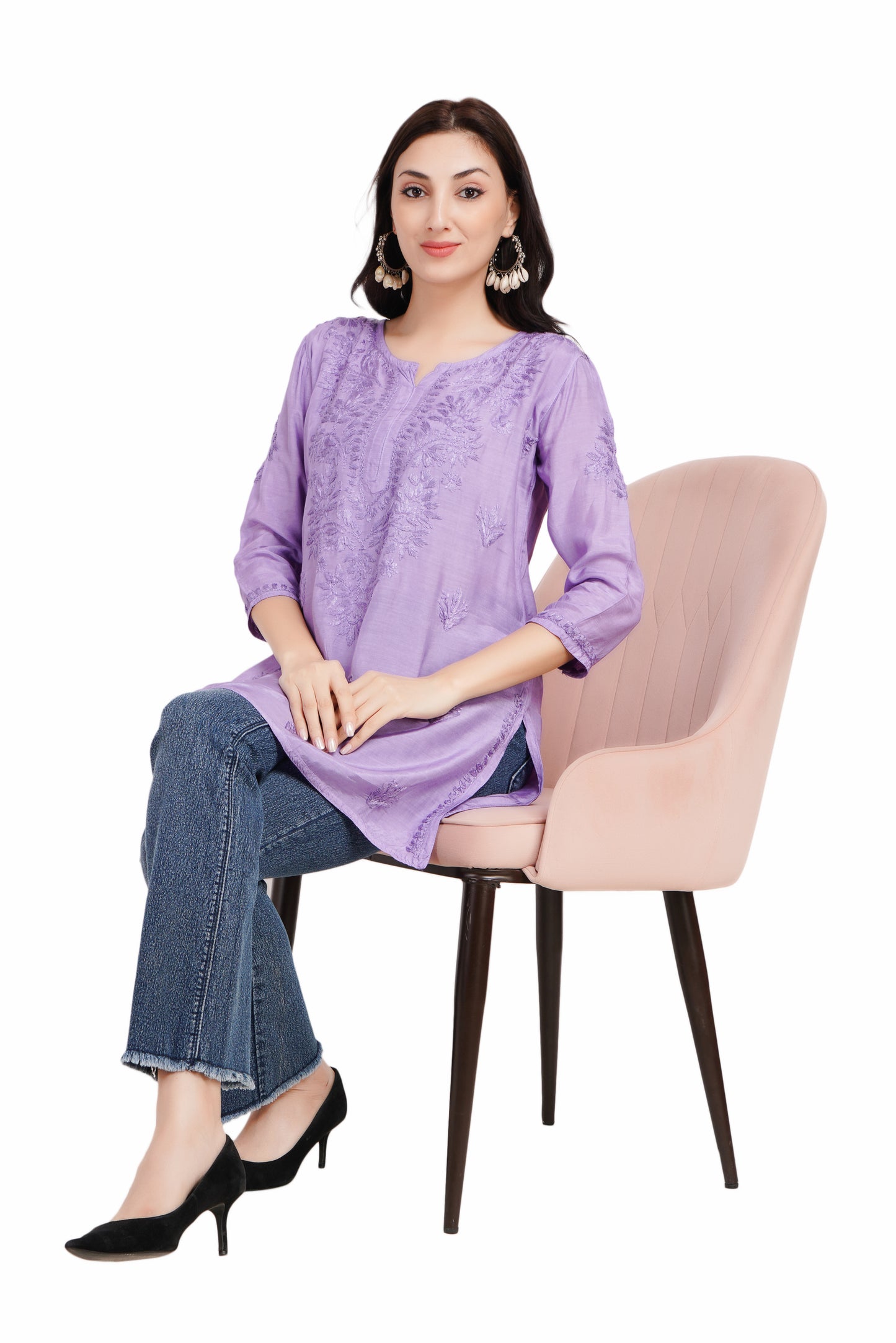 The Chikankari Story Purple Chikankari Hand Embroidery Short Muslin Kurti for Women - Mughalayi Motif, Lakhnavi Heritage, Top-Selling Design