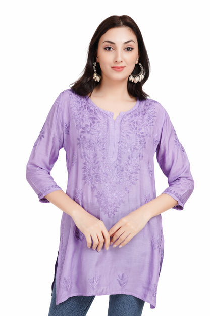 The Chikankari Story Purple Chikankari Hand Embroidery Short Muslin Kurti for Women - Mughalayi Motif, Lakhnavi Heritage, Top-Selling Design