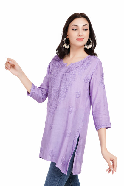 The Chikankari Story Purple Chikankari Hand Embroidery Short Muslin Kurti for Women - Mughalayi Motif, Lakhnavi Heritage, Top-Selling Design