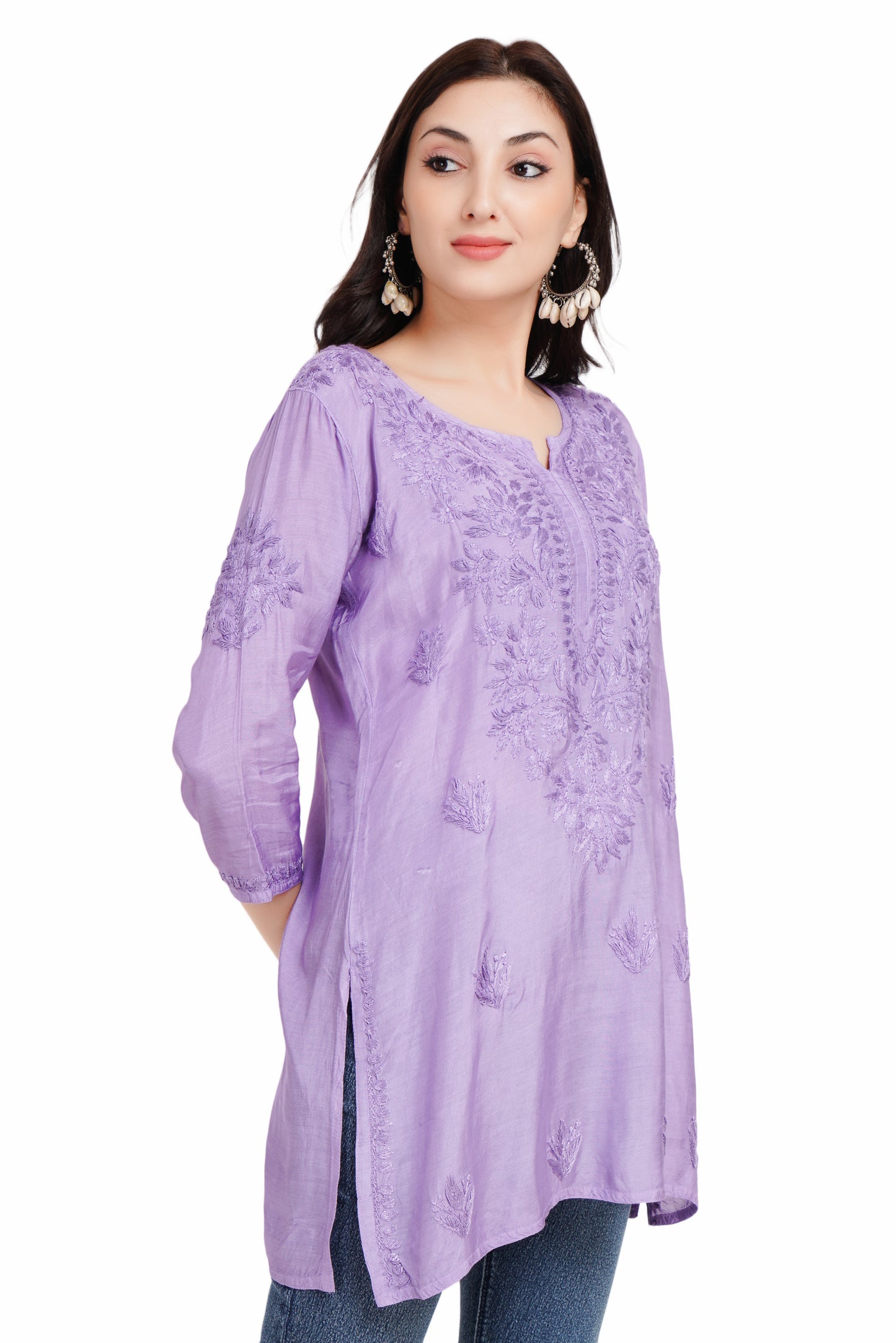 The Chikankari Story Purple Chikankari Hand Embroidery Short Muslin Kurti for Women - Mughalayi Motif, Lakhnavi Heritage, Top-Selling Design