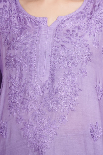 The Chikankari Story Purple Chikankari Hand Embroidery Short Muslin Kurti for Women - Mughalayi Motif, Lakhnavi Heritage, Top-Selling Design