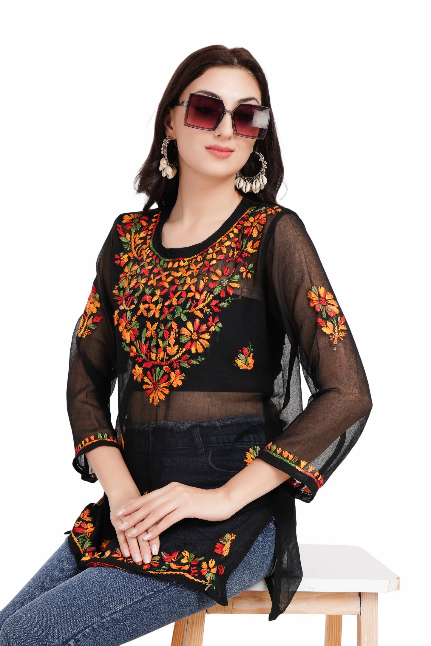 The Chikankari Story Women's Black Georgette Short Kurti with Multi-Colored Chikankari Hand Embroidery - Lightweight and Chic.