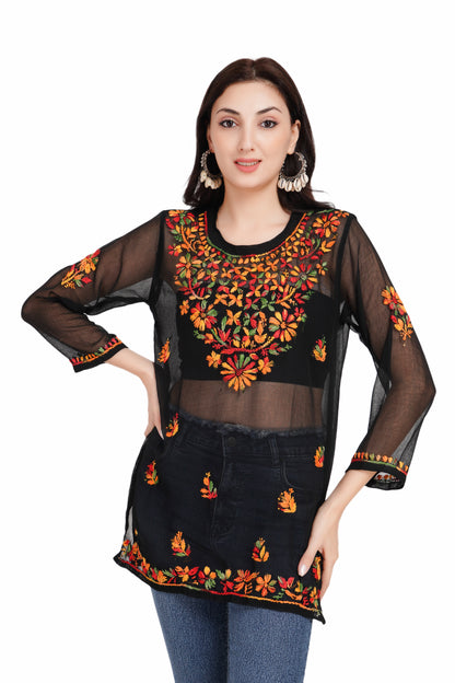 The Chikankari Story Women's Black Georgette Short Kurti with Multi-Colored Chikankari Hand Embroidery - Lightweight and Chic.