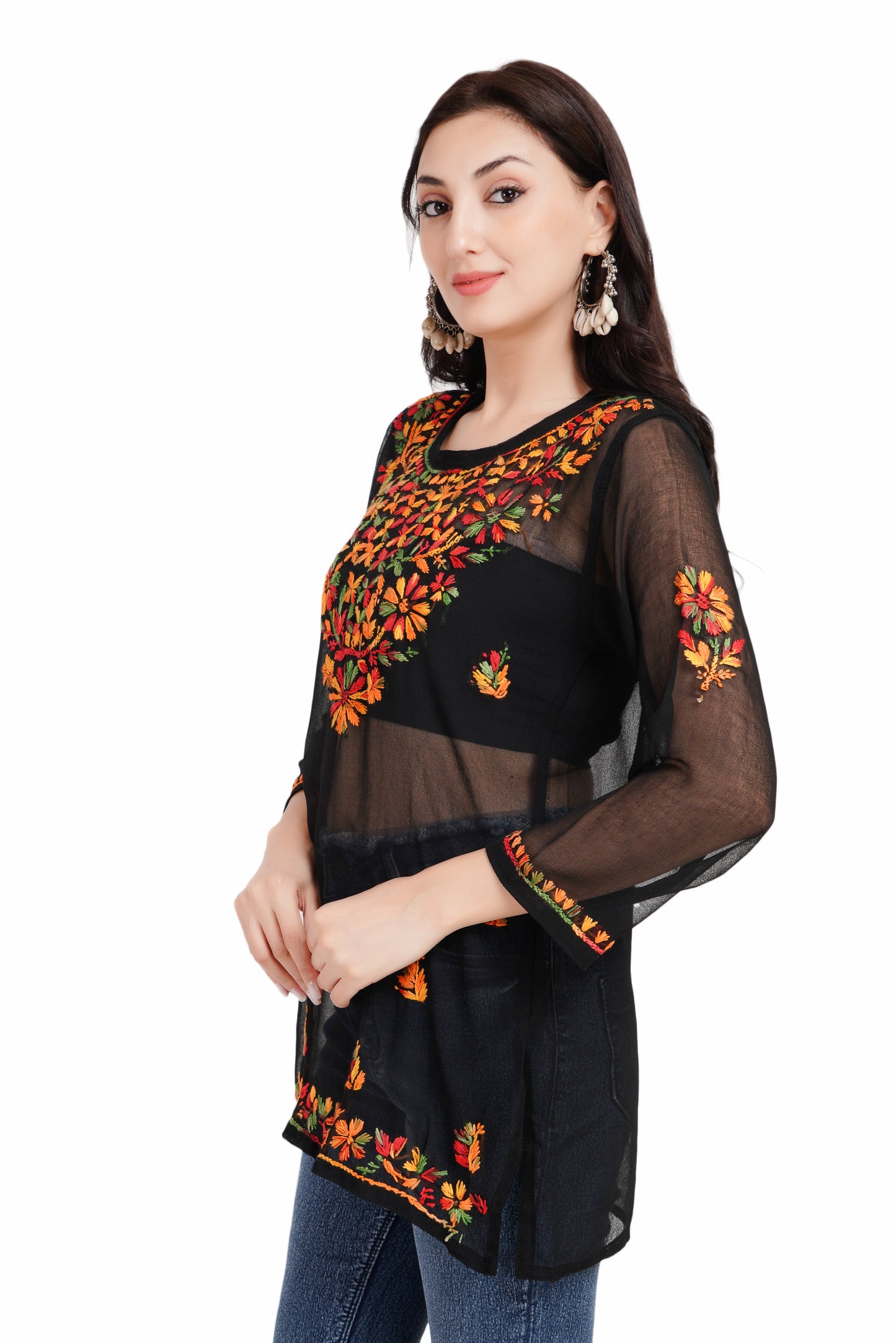 The Chikankari Story Women's Black Georgette Short Kurti with Multi-Colored Chikankari Hand Embroidery - Lightweight and Chic.