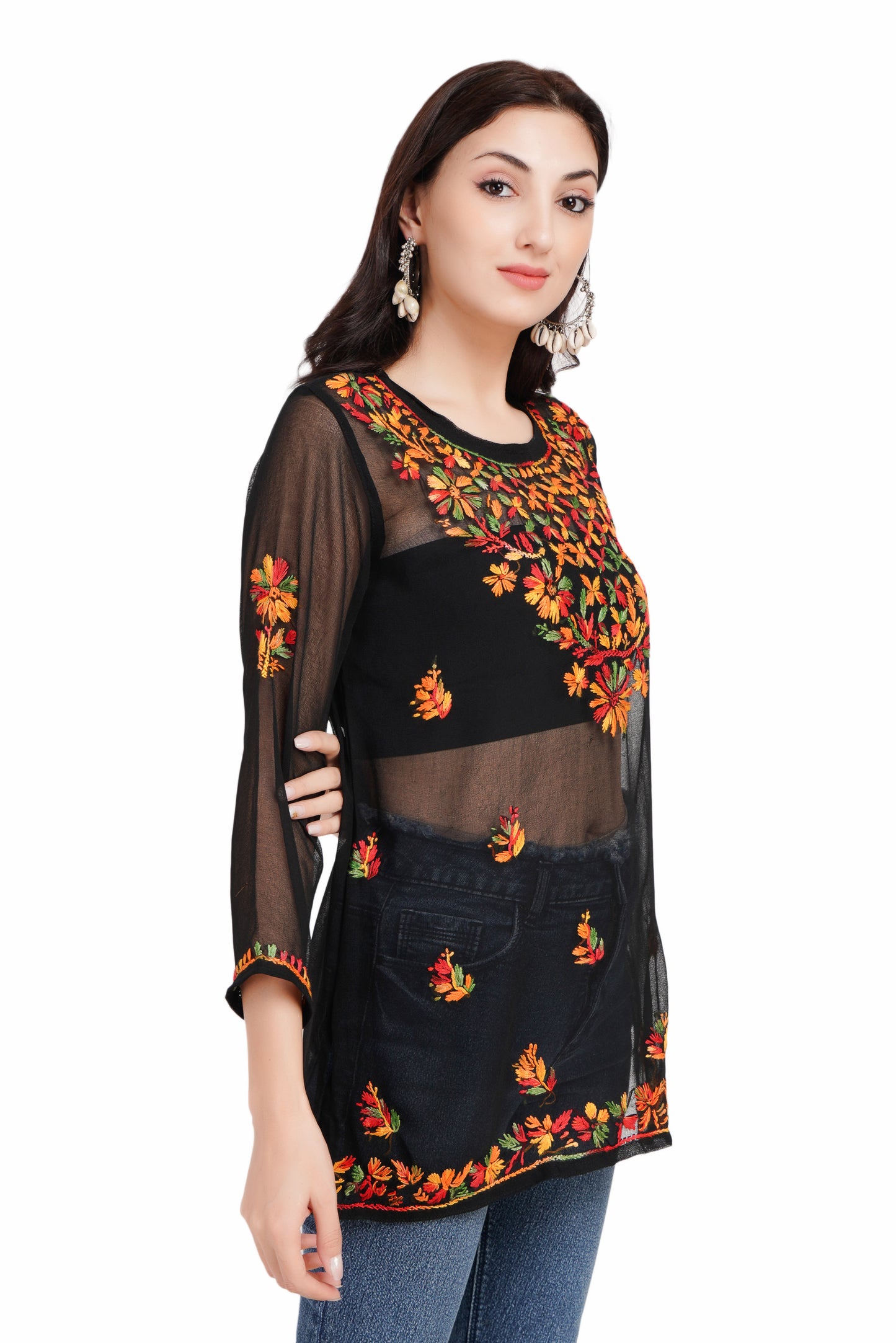 The Chikankari Story Women's Black Georgette Short Kurti with Multi-Colored Chikankari Hand Embroidery - Lightweight and Chic.