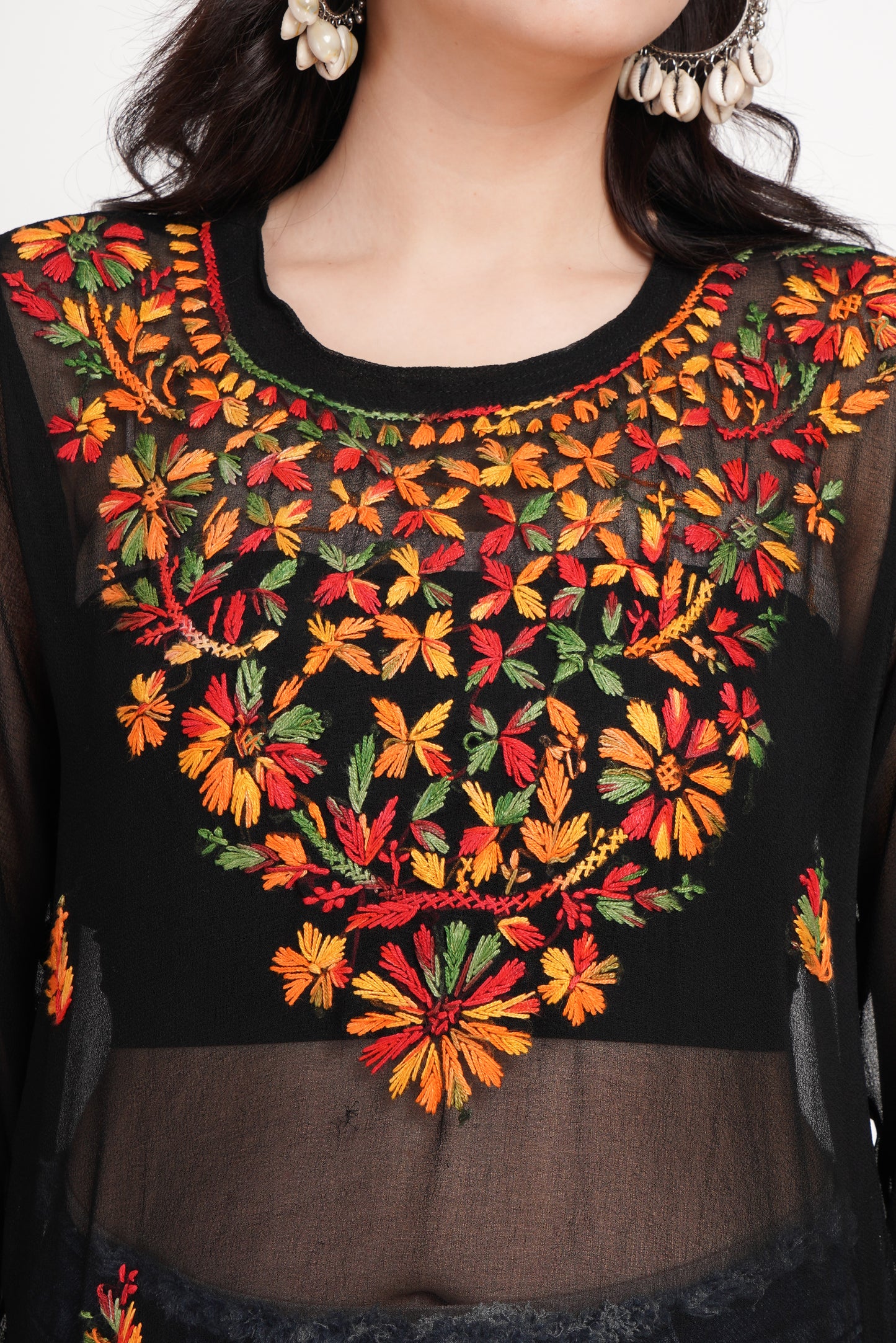 The Chikankari Story Women's Black Georgette Short Kurti with Multi-Colored Chikankari Hand Embroidery - Lightweight and Chic.