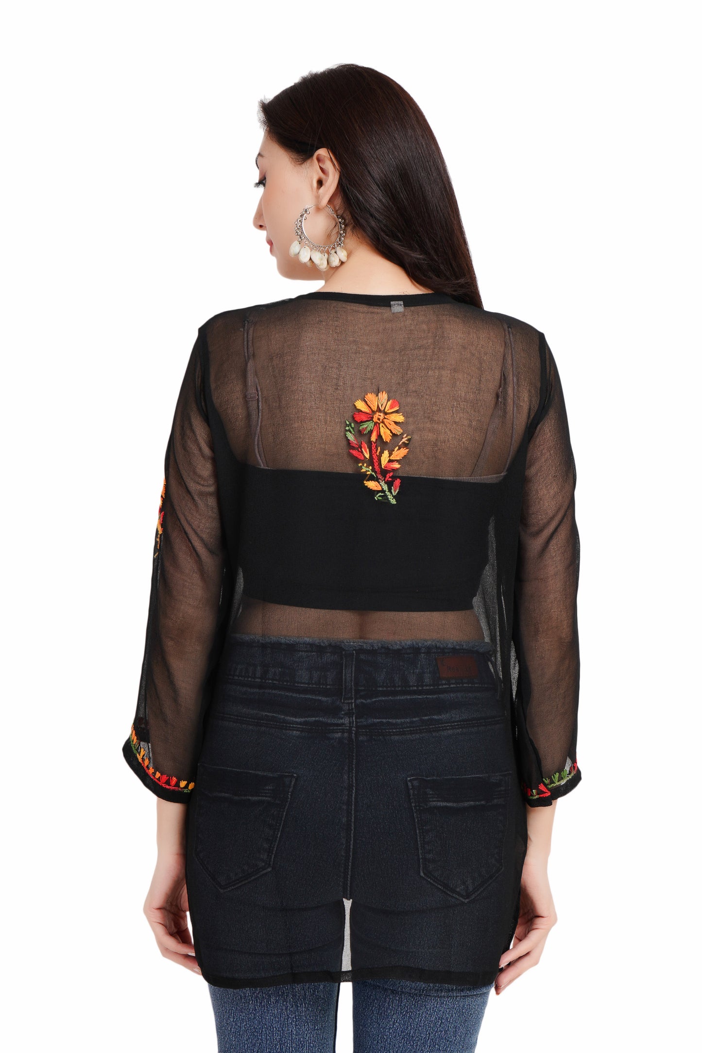 The Chikankari Story Women's Black Georgette Short Kurti with Multi-Colored Chikankari Hand Embroidery - Lightweight and Chic.