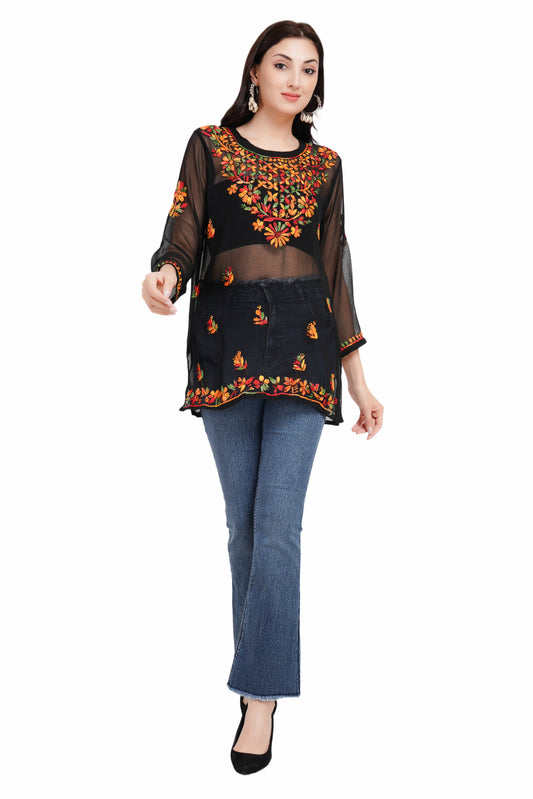 The Chikankari Story Women's Black Georgette Short Kurti with Multi-Colored Chikankari Hand Embroidery - Lightweight and Chic.