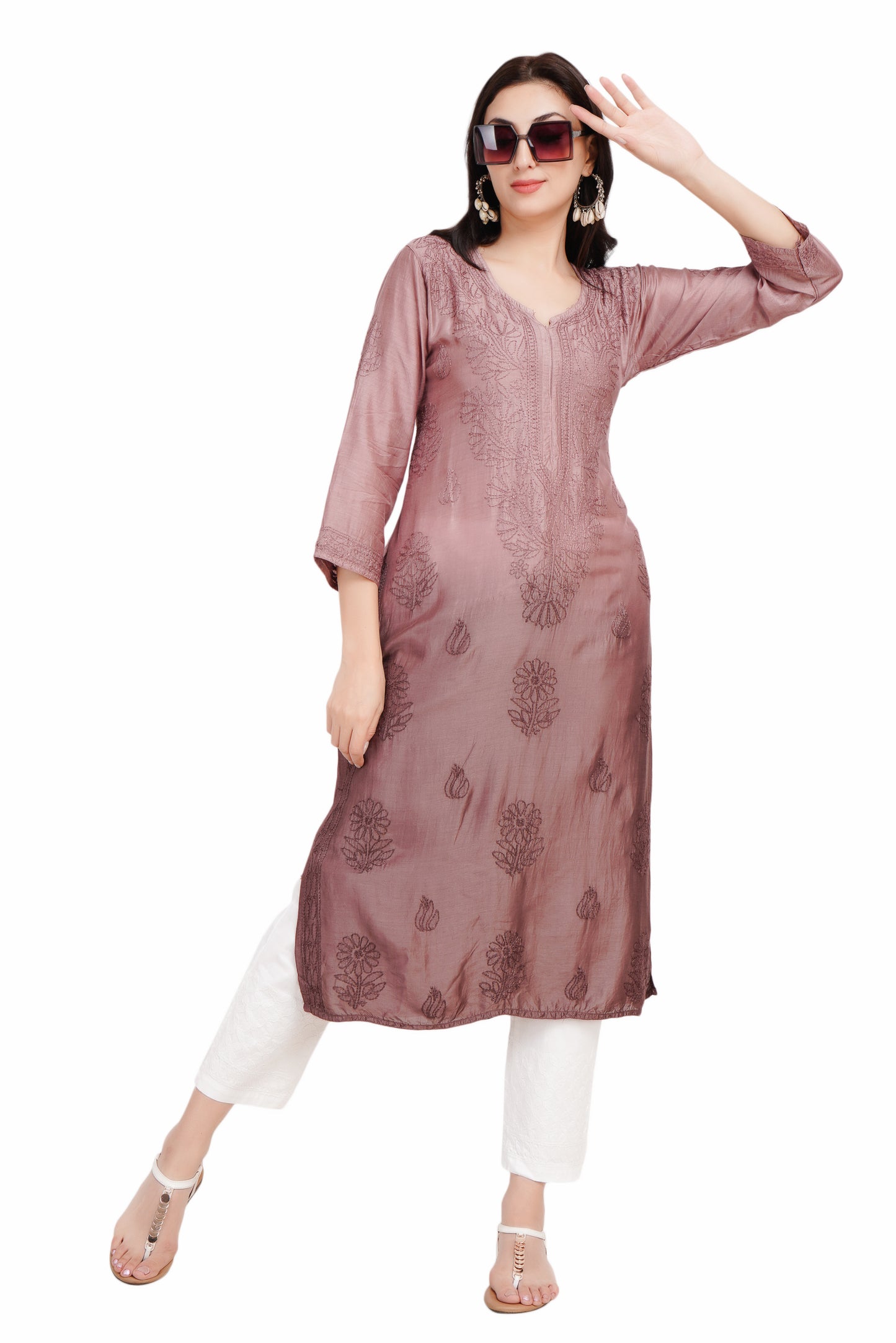 The Chikankari Story Luxurious Mughal-Inspired Chikankari Kurti Hand Embroidered Muslin Fabric with Self-Design Motifs