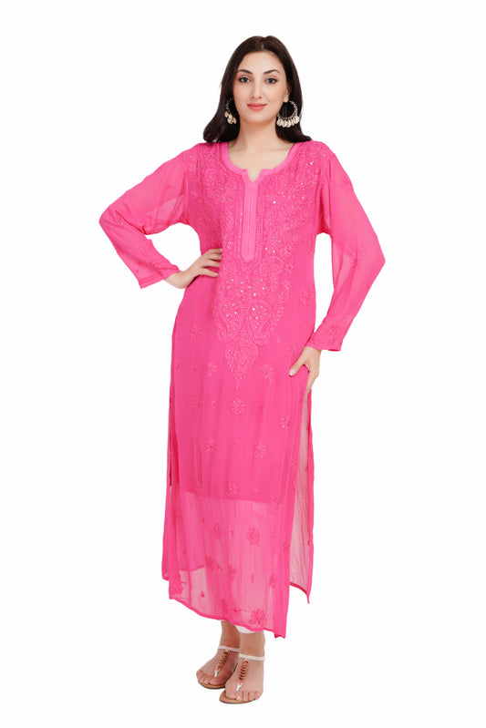 The Chikankari Story Chikankari Hand-Embroidered Georgette pink Kurti with Mukaish Work – Self-Design Lakhnavi Kurti for Women