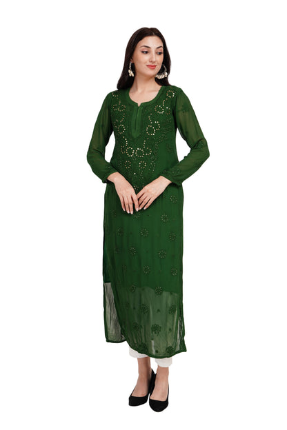 The Chikankari Story Chikankari Hand-Embroidered Georgette Green Kurti with Mukaish Work – Self-Design Lakhnavi Kurti for Women