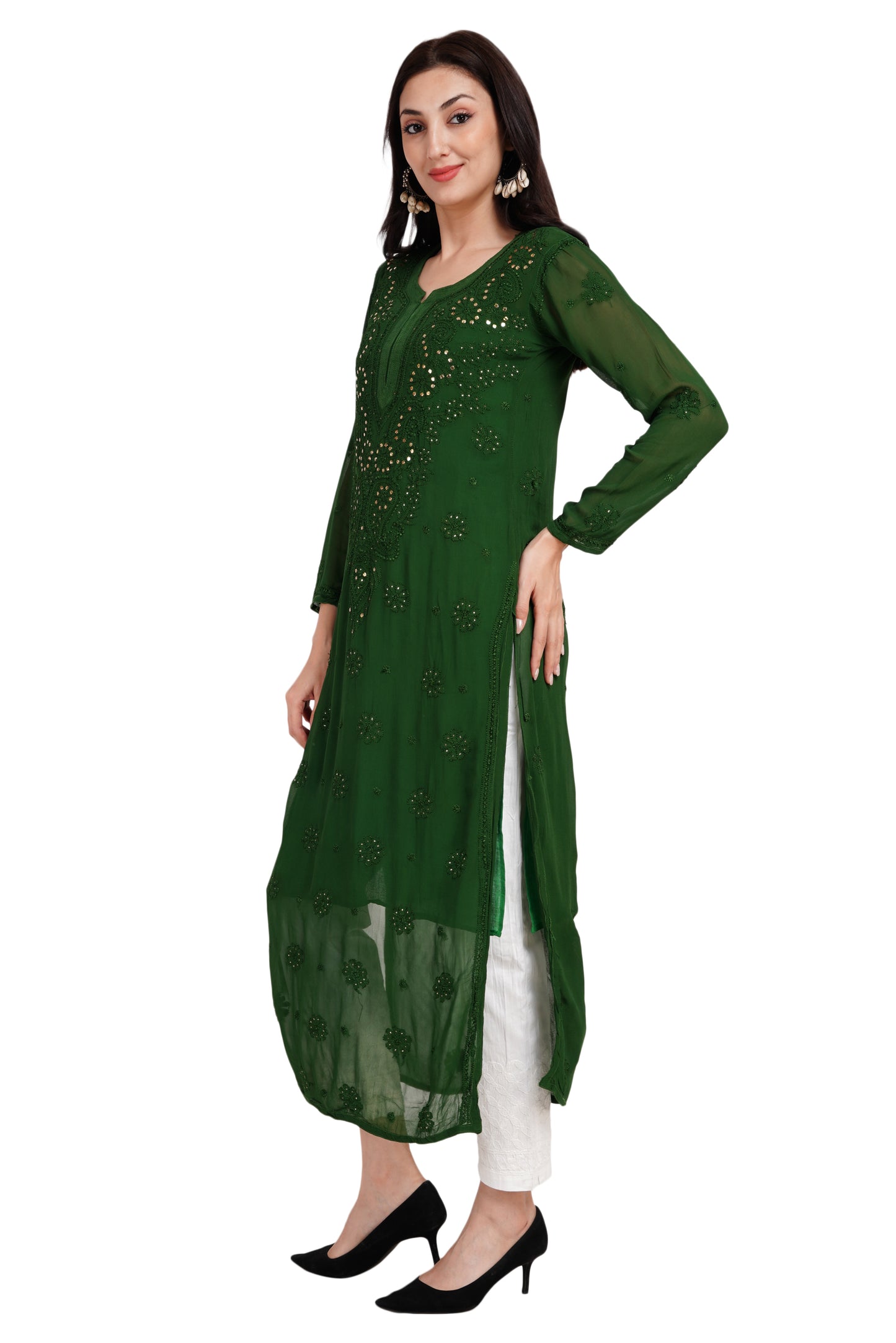 The Chikankari Story Chikankari Hand-Embroidered Georgette Green Kurti with Mukaish Work – Self-Design Lakhnavi Kurti for Women