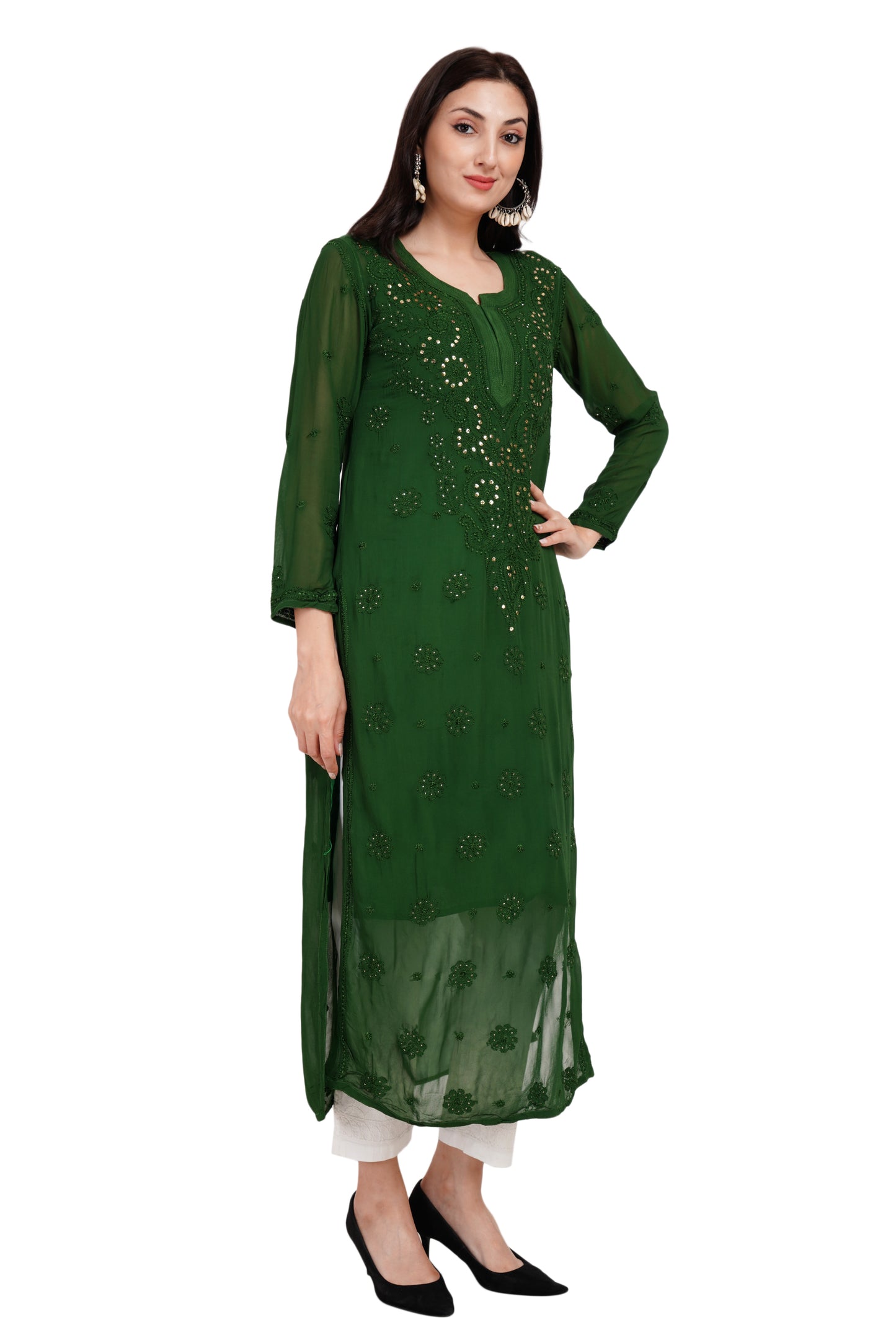 The Chikankari Story Chikankari Hand-Embroidered Georgette Green Kurti with Mukaish Work – Self-Design Lakhnavi Kurti for Women