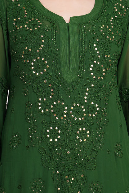 The Chikankari Story Chikankari Hand-Embroidered Georgette Green Kurti with Mukaish Work – Self-Design Lakhnavi Kurti for Women