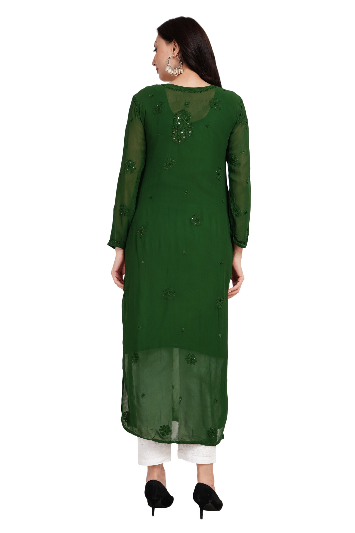 The Chikankari Story Chikankari Hand-Embroidered Georgette Green Kurti with Mukaish Work – Self-Design Lakhnavi Kurti for Women