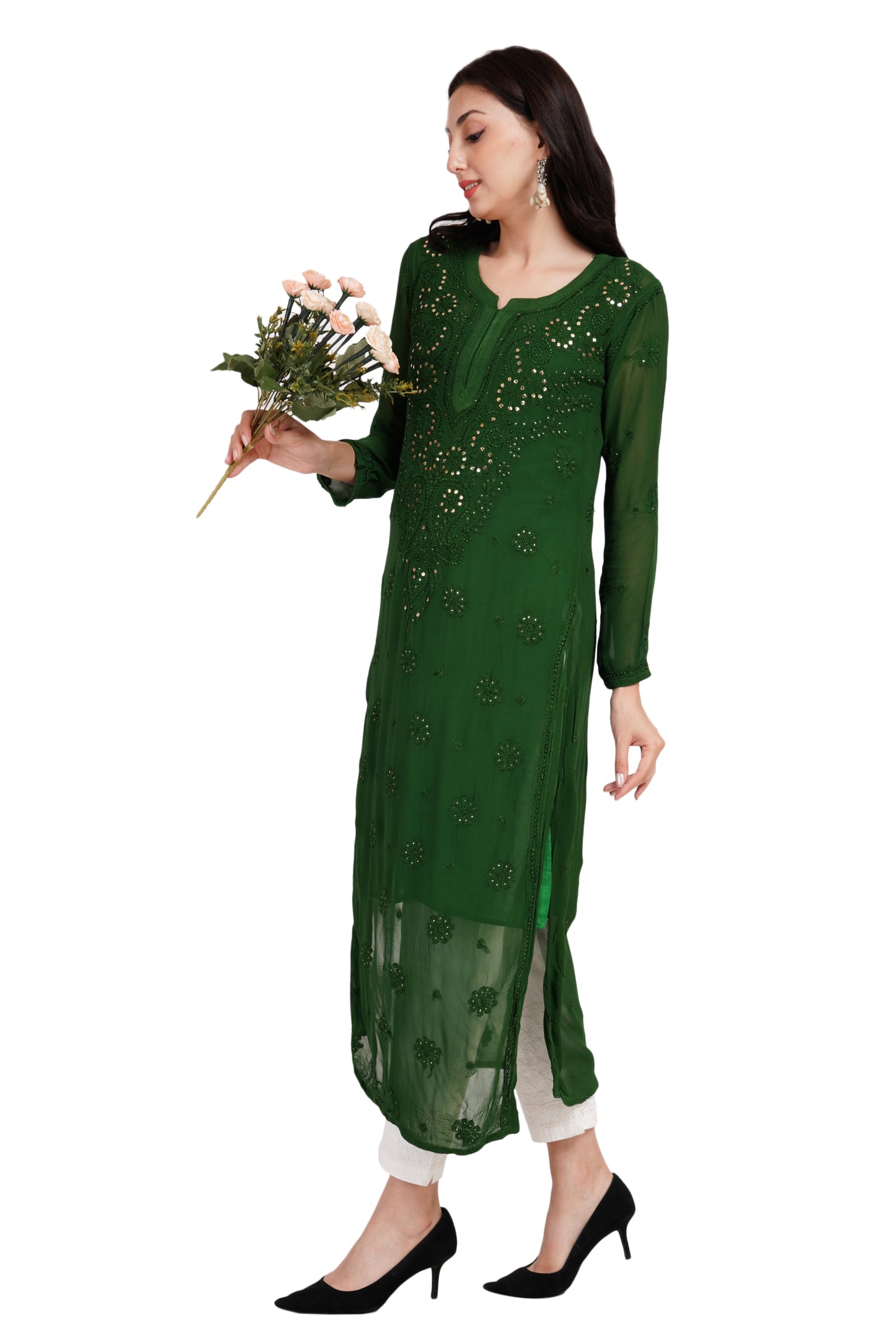 The Chikankari Story Chikankari Hand-Embroidered Georgette Green Kurti with Mukaish Work – Self-Design Lakhnavi Kurti for Women