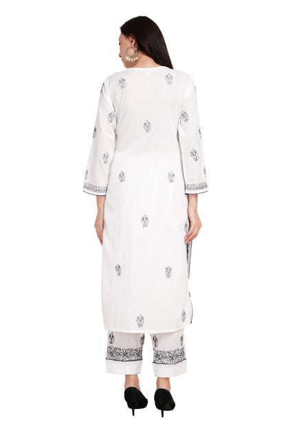 The Chikankari Story Traditional Lakhnavi Pure Cotton Kurti Set with Chikankari Hand Embroidery – Black-and-White Bakhiya Work, Bollywood Glamour, Artisanal Ensemble.