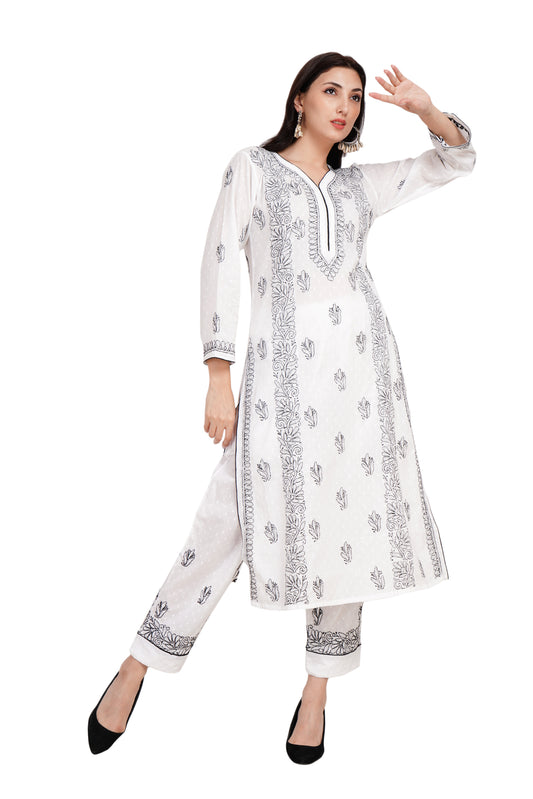 The Chikankari Story Traditional Lakhnavi Pure Cotton Kurti Set with Chikankari Hand Embroidery – Black-and-White Bakhiya Work, Bollywood Glamour, Artisanal Ensemble.