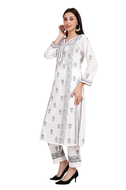 The Chikankari Story Traditional Lakhnavi Pure Cotton Kurti Set with Chikankari Hand Embroidery – Black-and-White Bakhiya Work, Bollywood Glamour, Artisanal Ensemble.