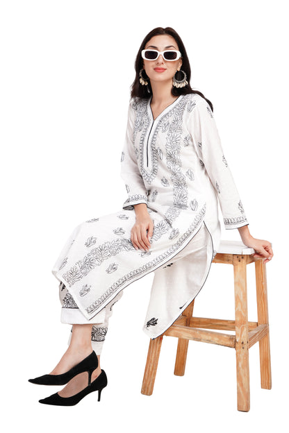 The Chikankari Story Traditional Lakhnavi Pure Cotton Kurti Set with Chikankari Hand Embroidery – Black-and-White Bakhiya Work, Bollywood Glamour, Artisanal Ensemble.