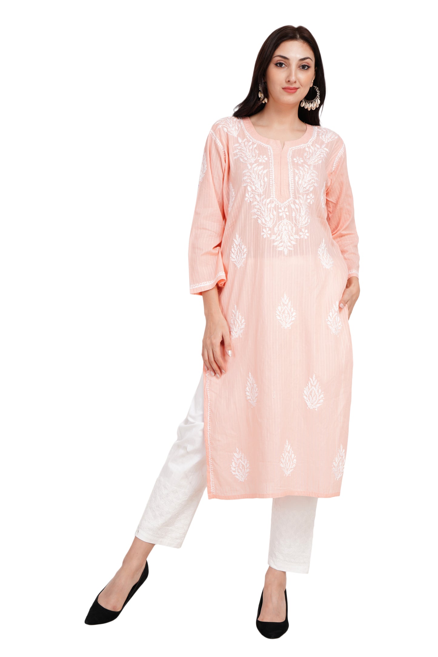 The Chikankari Story Chikankari Handmade Embroidery Pure cotton Kurti with Self-Design Motifs Traditional Lakhnavi Artisanal Craftsmanship