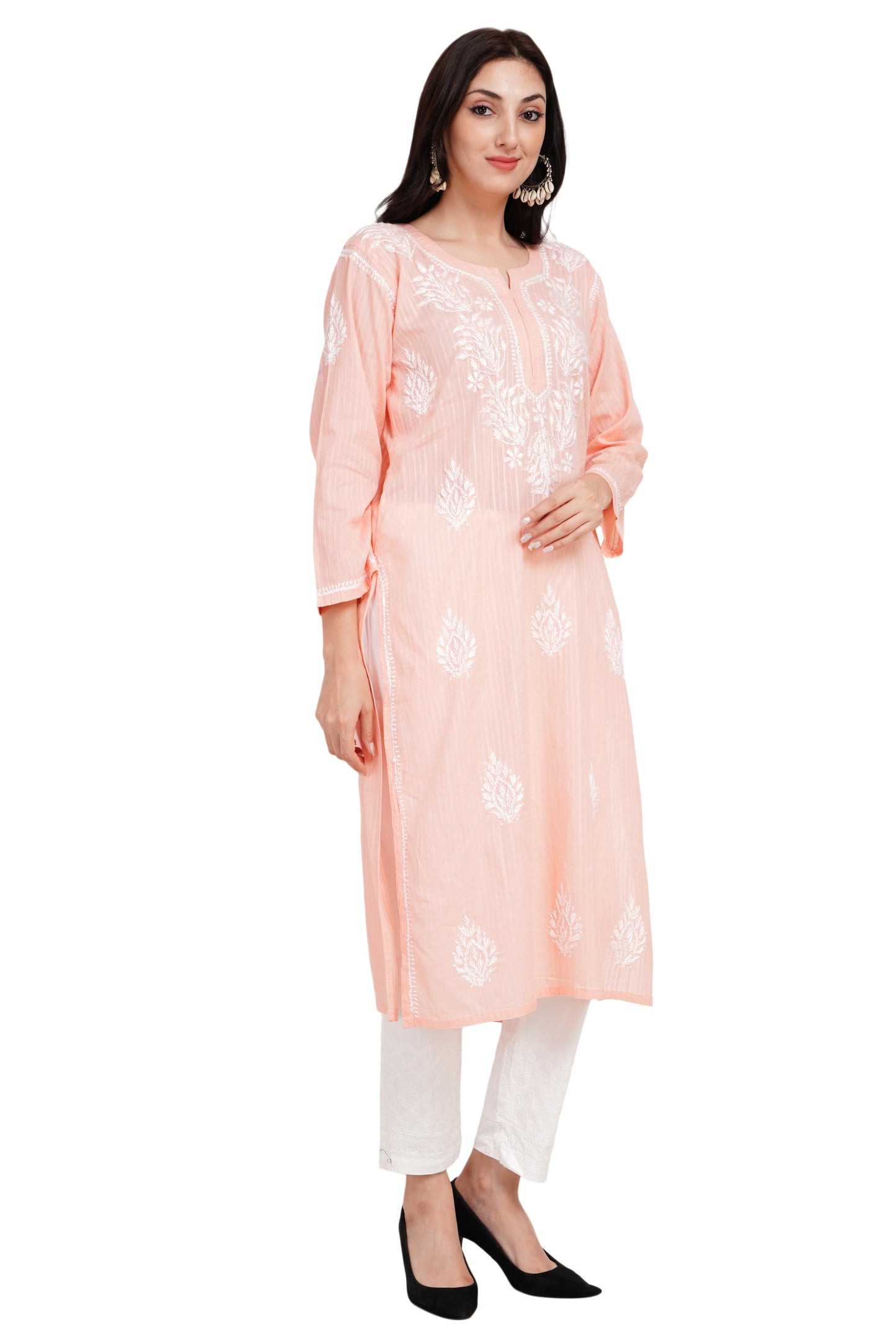 The Chikankari Story Chikankari Handmade Embroidery Pure cotton Kurti with Self-Design Motifs Traditional Lakhnavi Artisanal Craftsmanship