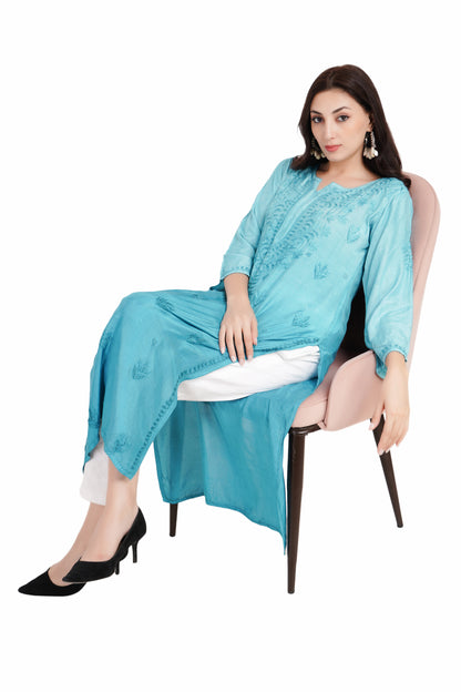 The Chikankari Story Luxurious Cyan Chikankari Kurti Hand Embroidered Muslin Fabric with Mughalayi and Lakhnavi Motifs – Bollywood-Ready Traditional Elegance