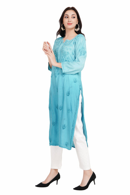 The Chikankari Story Luxurious Cyan Chikankari Kurti Hand Embroidered Muslin Fabric with Mughalayi and Lakhnavi Motifs – Bollywood-Ready Traditional Elegance