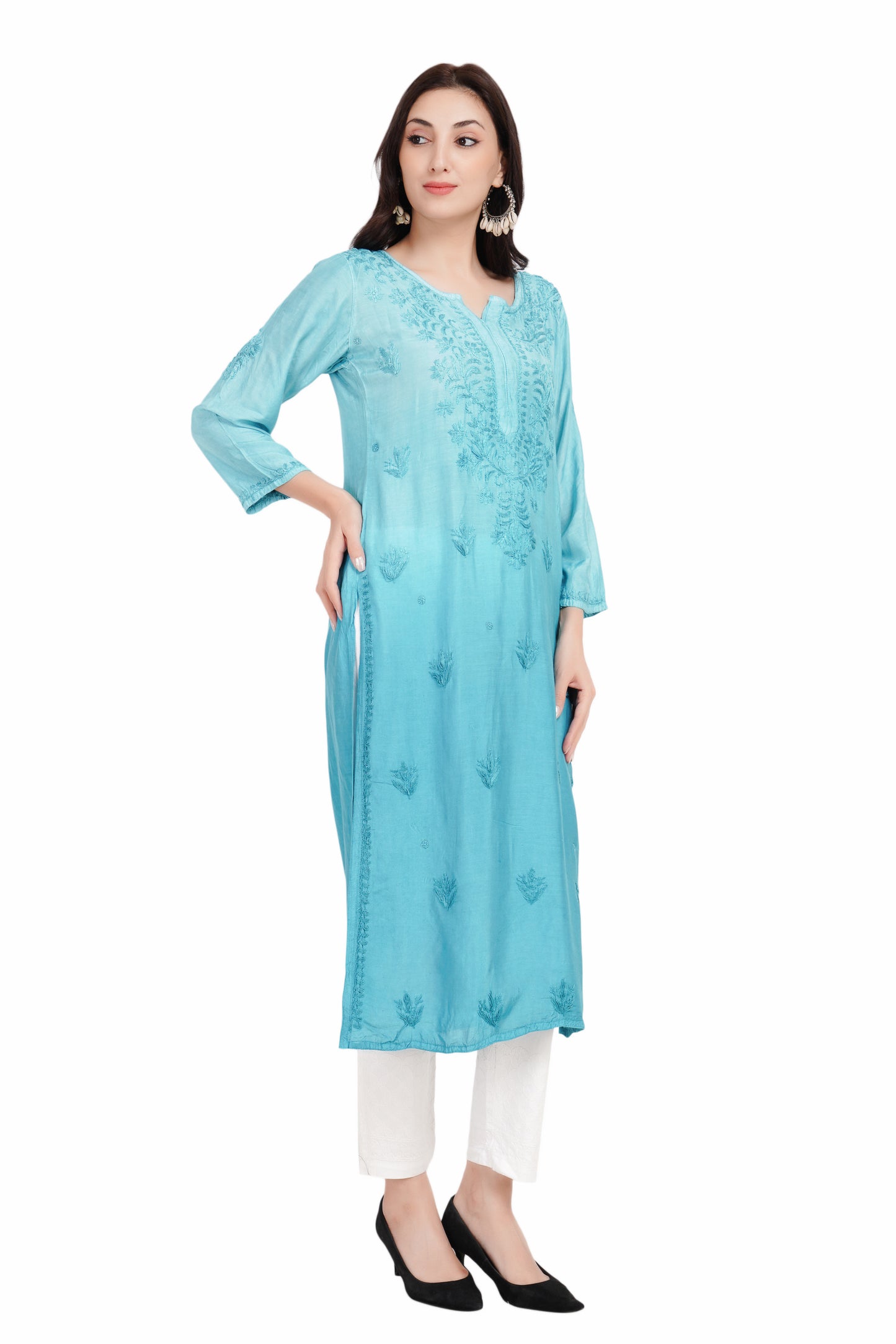 The Chikankari Story Luxurious Cyan Chikankari Kurti Hand Embroidered Muslin Fabric with Mughalayi and Lakhnavi Motifs – Bollywood-Ready Traditional Elegance