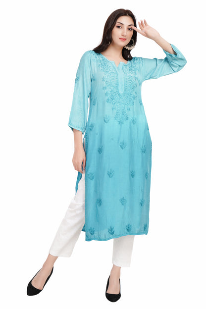 The Chikankari Story Luxurious Cyan Chikankari Kurti Hand Embroidered Muslin Fabric with Mughalayi and Lakhnavi Motifs – Bollywood-Ready Traditional Elegance