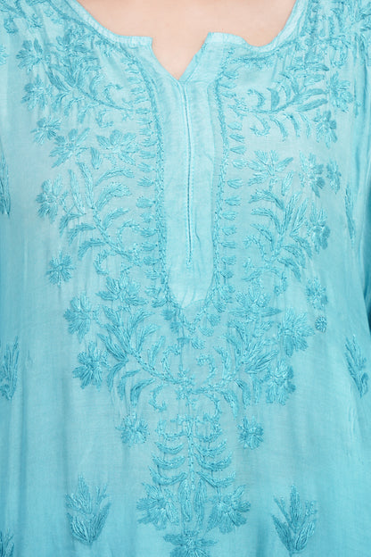 The Chikankari Story Luxurious Cyan Chikankari Kurti Hand Embroidered Muslin Fabric with Mughalayi and Lakhnavi Motifs – Bollywood-Ready Traditional Elegance