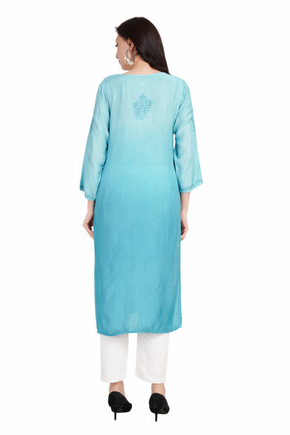 The Chikankari Story Luxurious Cyan Chikankari Kurti Hand Embroidered Muslin Fabric with Mughalayi and Lakhnavi Motifs – Bollywood-Ready Traditional Elegance