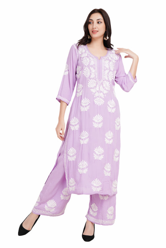 The Chikankari Story Luxurious Purple Palazzo Set with Lakhnavi Chikankari Hand Embroidery – Regal Modal Fabric, Sophisticated Charm, Perfect for Special Occasions.