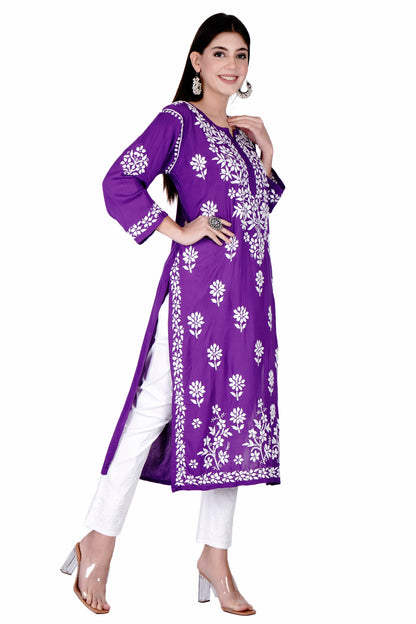 The Chikankari Story Hand-Embroidered Pure Modal Fabric Lucknowi Chikankari Black,Purple and Red Kurta kurti having Traditional 3D Motifs Work.