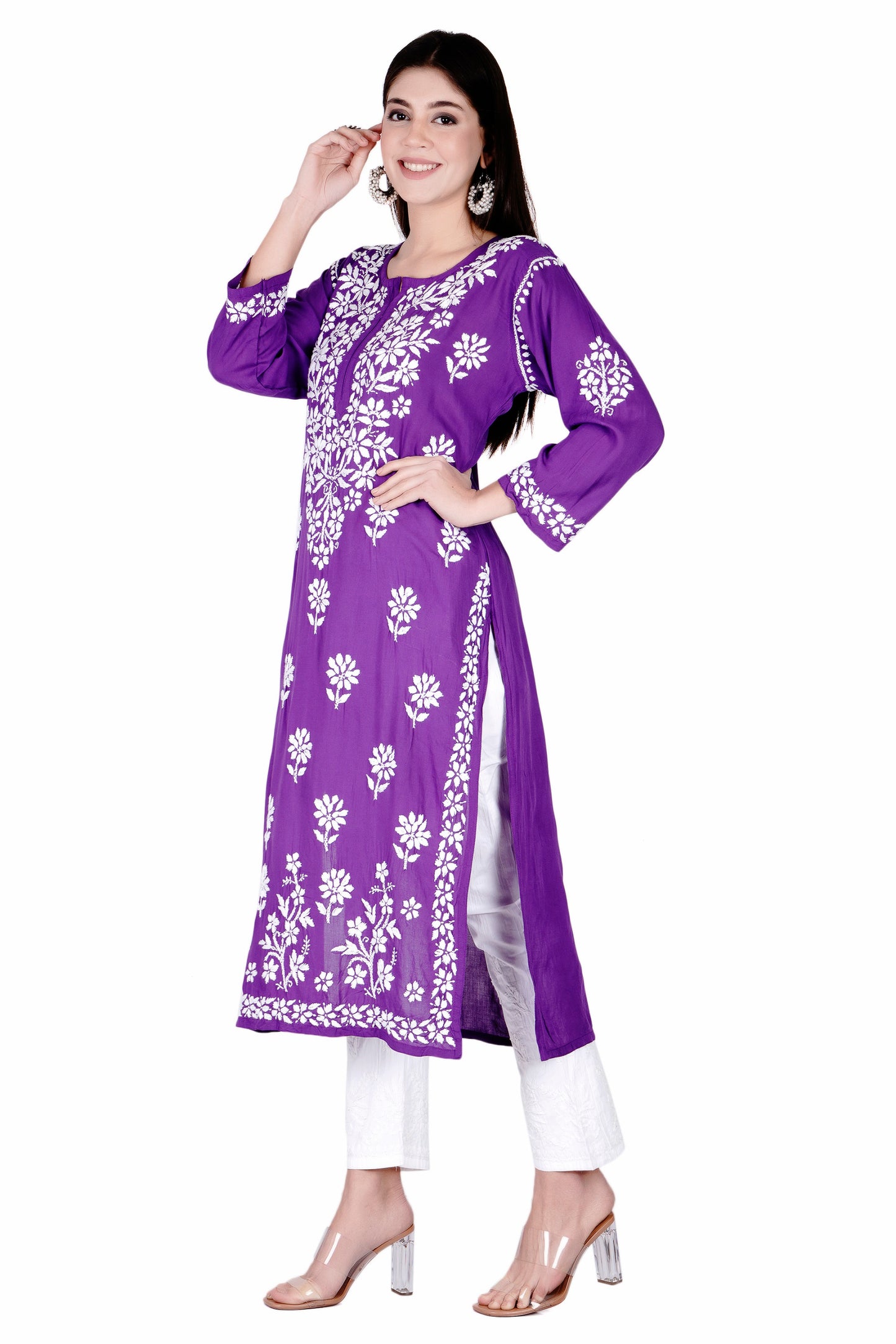 The Chikankari Story Hand-Embroidered Pure Modal Fabric Lucknowi Chikankari Black,Purple and Red Kurta kurti having Traditional 3D Motifs Work.