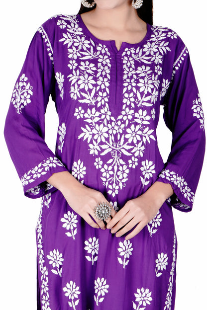 The Chikankari Story Hand-Embroidered Pure Modal Fabric Lucknowi Chikankari Black,Purple and Red Kurta kurti having Traditional 3D Motifs Work.