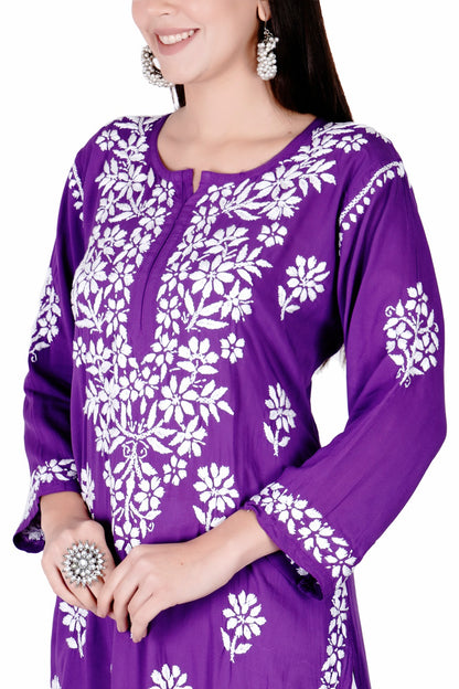 The Chikankari Story Hand-Embroidered Pure Modal Fabric Lucknowi Chikankari Black,Purple and Red Kurta kurti having Traditional 3D Motifs Work.