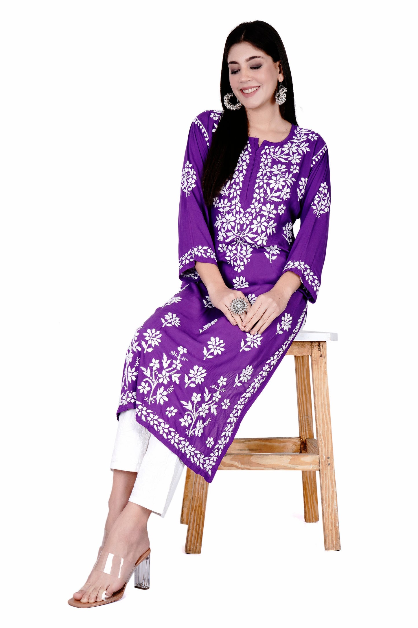 The Chikankari Story Hand-Embroidered Pure Modal Fabric Lucknowi Chikankari Black,Purple and Red Kurta kurti having Traditional 3D Motifs Work.