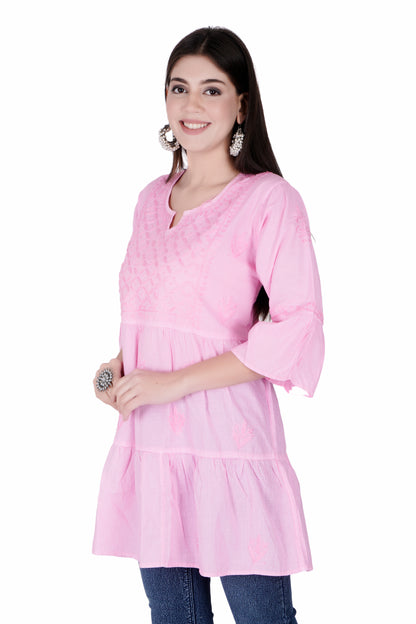 The Chikankari Story Pink Chikankari Hand Embroidery Short Kurti for Women with Mughal Motif - Lakhnavi Heritage Design, Top-Selling Style